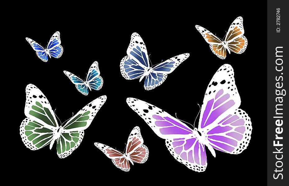 Seven painted butterflies on isolated black background
