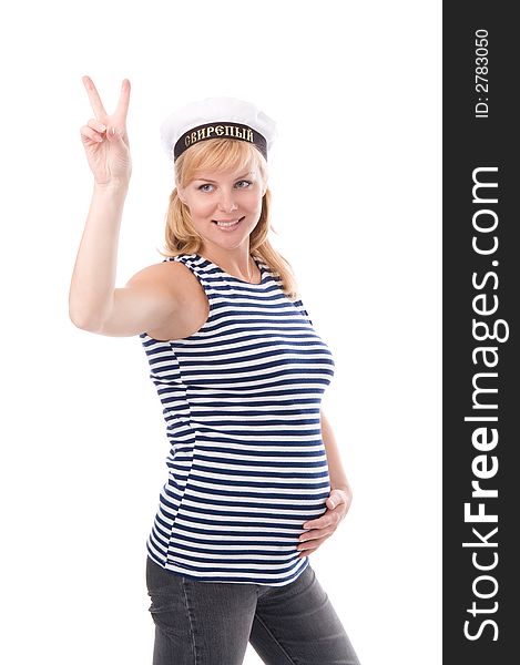 The pregnant woman in a stripped vest shows the letter V. The pregnant woman in a stripped vest shows the letter V