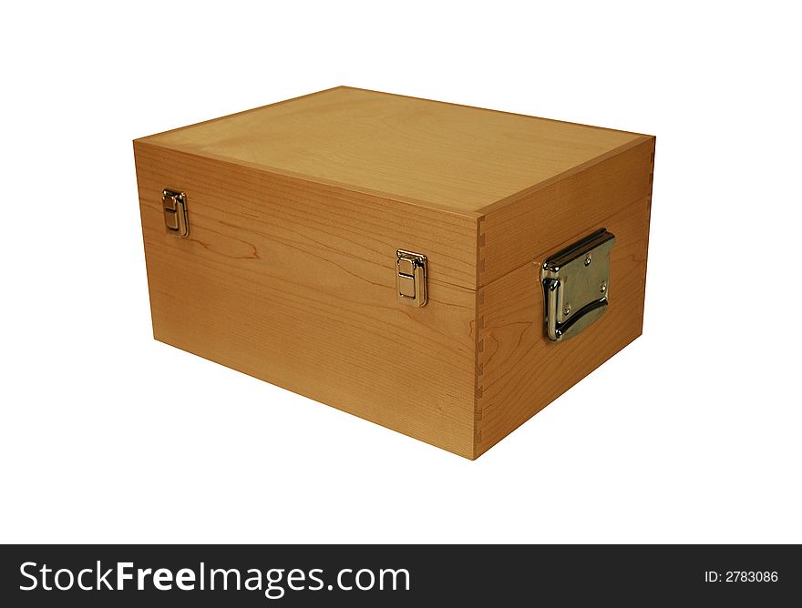 An open wooden box with metal latches. An open wooden box with metal latches