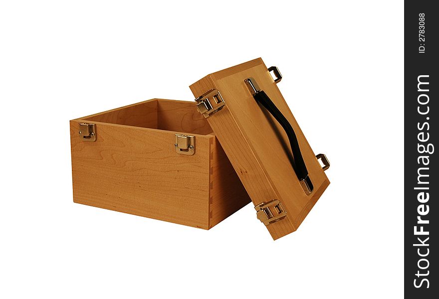 An open wooden box with metal latches. An open wooden box with metal latches