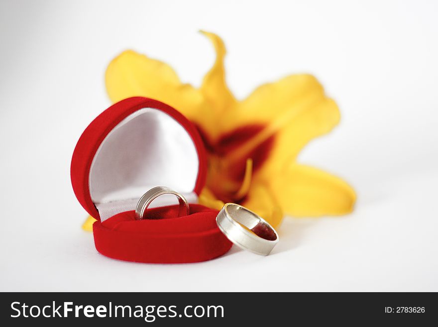 Wedding rings in the red box and yellow lilly. Wedding rings in the red box and yellow lilly