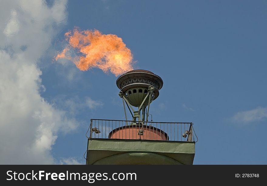 Rostral Column with flame in St.Petersburg, Russia.