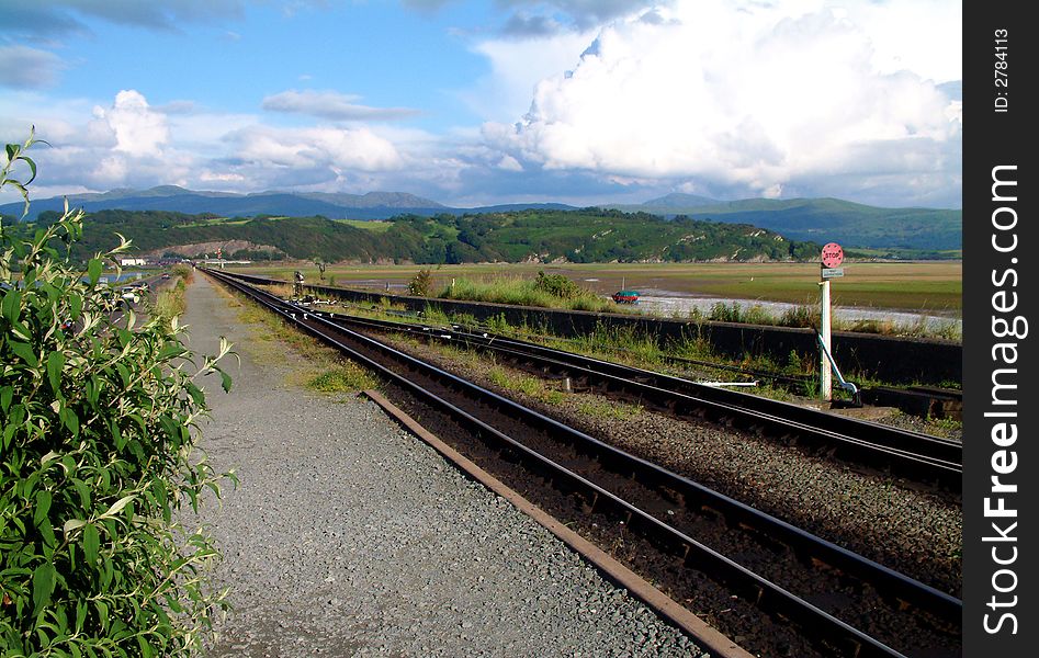 Looking down the line of the Ffestiniog railway from Porthmadog
