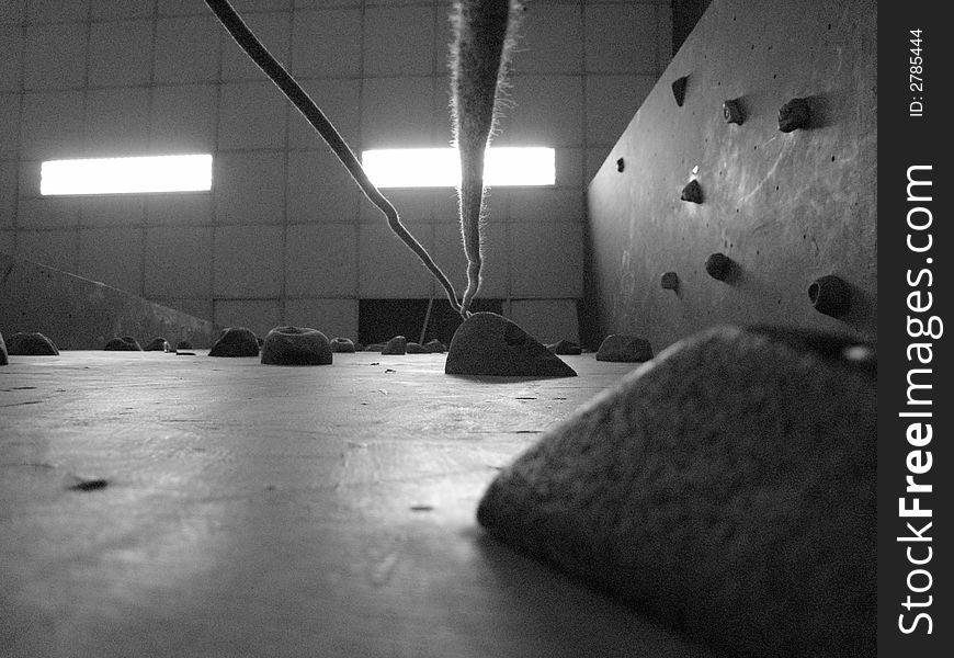 View of a rockwall from the ground in a black and white effect