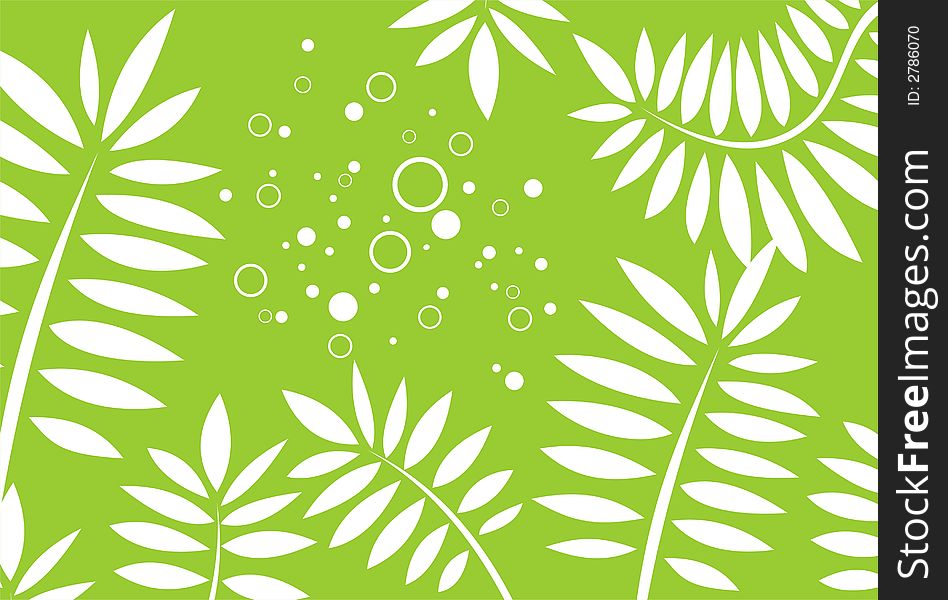 White stylized leaves on a green background with circles. White stylized leaves on a green background with circles.