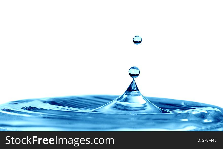 Isolated blue drops are falling down and impact with liquid surface