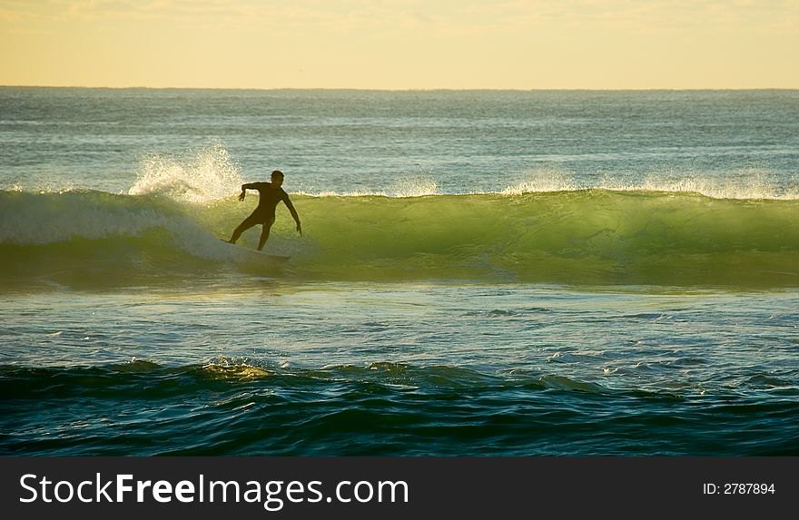 Early morning Surfer Catches a wave in the surf