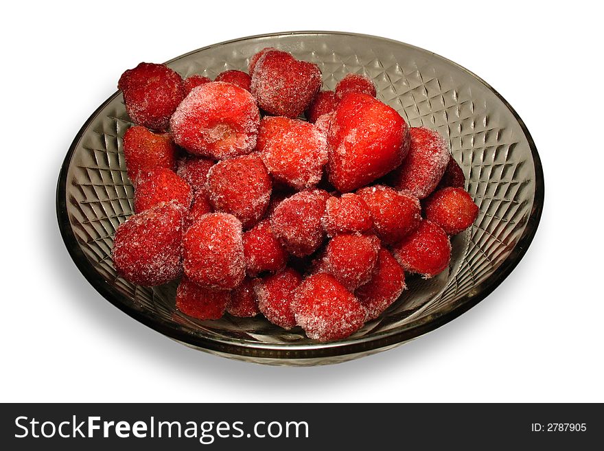 Strawberry in a plate with an ice on a white background