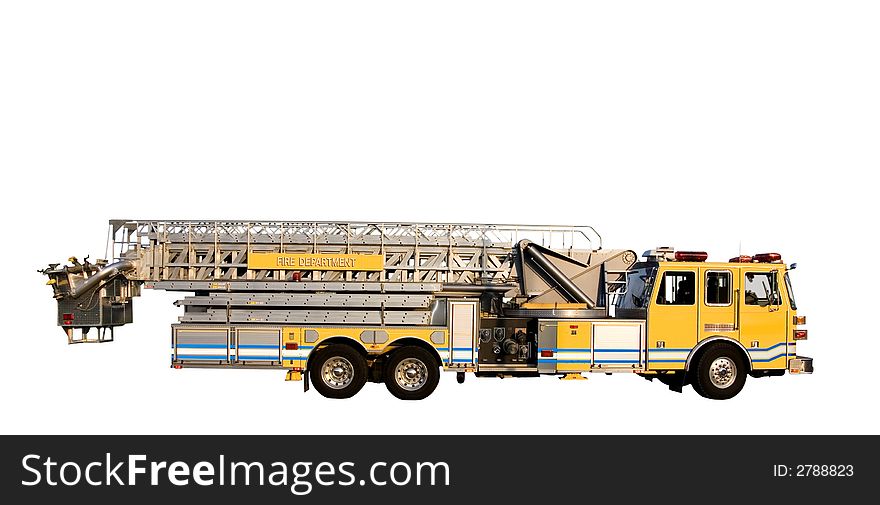 This is a side view of a fire truck with ladders and a bucket used for reaching fires in high places. isolated on a white background. This is a side view of a fire truck with ladders and a bucket used for reaching fires in high places. isolated on a white background.