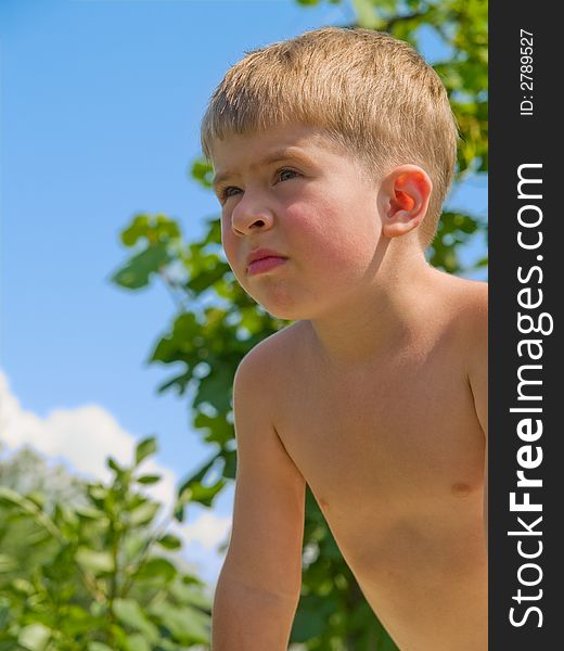 Little boy closeup over green trres and blue sky. Little boy closeup over green trres and blue sky