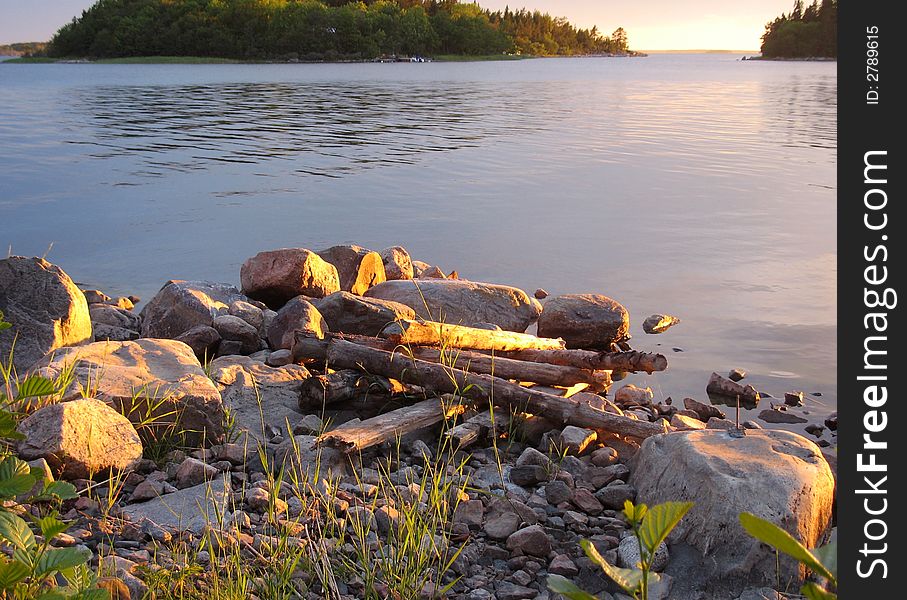 Beach in sunset in the archipelago in Northern Europe