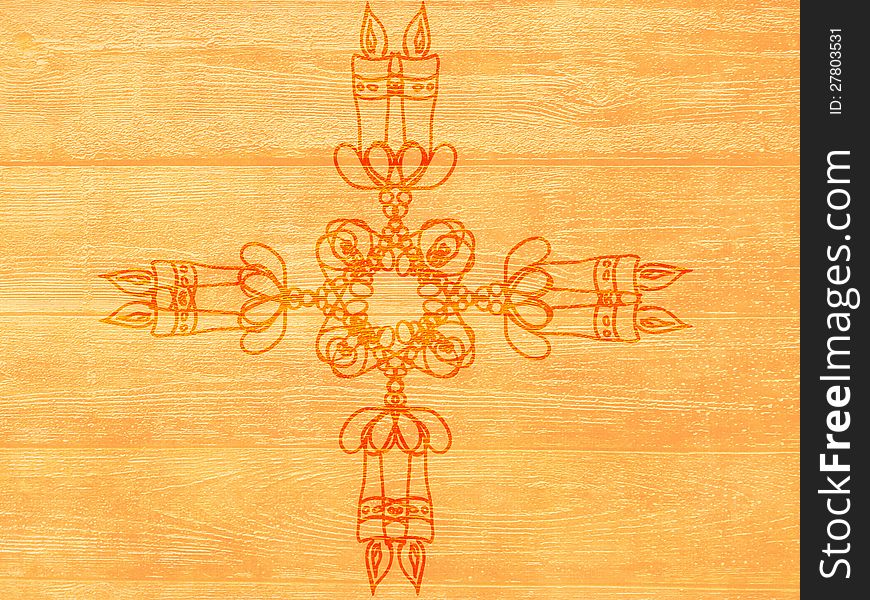 Abstract illustration of hand drawn candle ornament on wooden background.