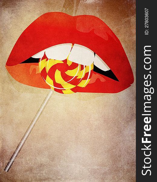 Grunge illustration of lips and striped lollipop background. Grunge illustration of lips and striped lollipop background.