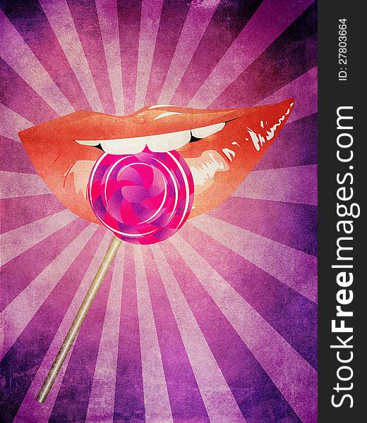 Illustration of lips and striped lollipop on grunge background with rays. Illustration of lips and striped lollipop on grunge background with rays.