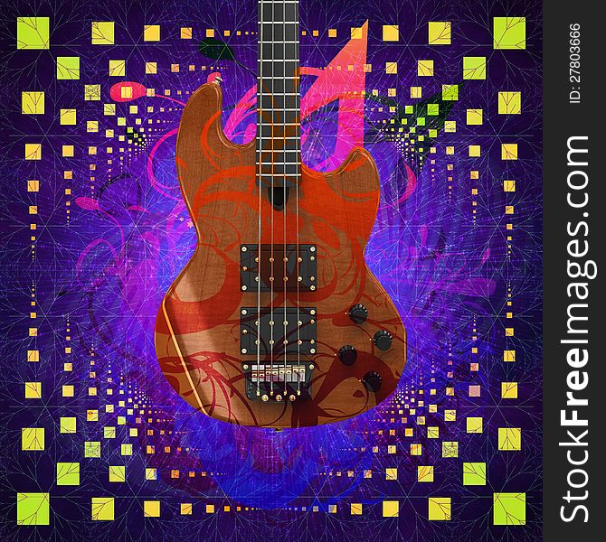 Abstract illustration of 3d guitar on colorful background. Abstract illustration of 3d guitar on colorful background.