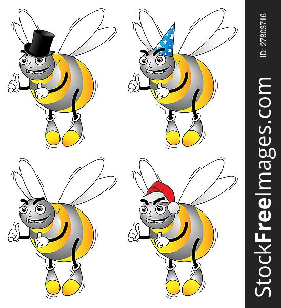 Vectored illustration with funny malicious bees with different hats. Vectored illustration with funny malicious bees with different hats.