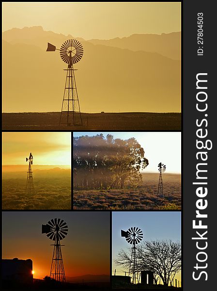 Landscape collage with windmill waterpumps at sunrise