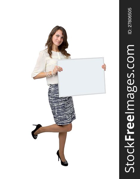 A young woman holding banner.Isolated on white background. A young woman holding banner.Isolated on white background