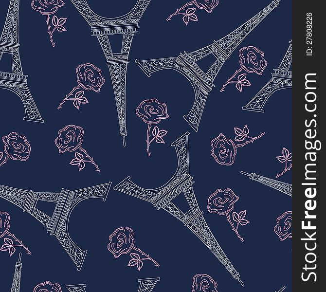 Vector seamless blue pattern with eiffel tower