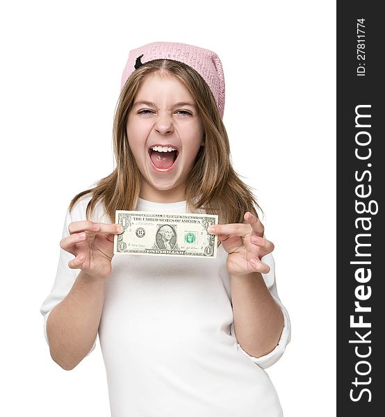 Happy little girl showing dollar bill