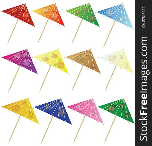 Set of cocktail umbrella in different colors on white background, vector illustration