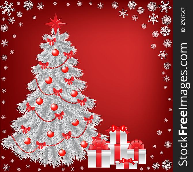 White christmas tree with gift on red background with snowflakes