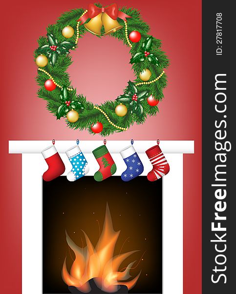 Christmas card with fire place, socks and garland. Christmas card with fire place, socks and garland