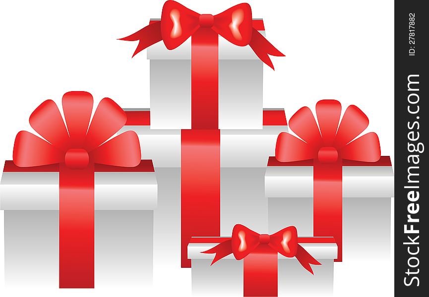 Group of christmas gifts with red ribbon