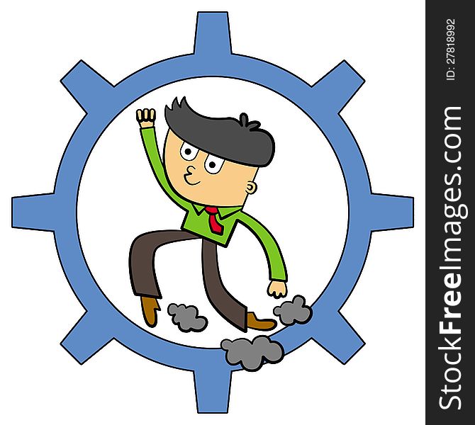 Illustration of a cartoon man running inside a gear. Illustration of a cartoon man running inside a gear