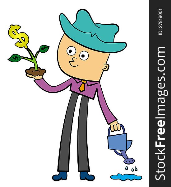 A cartoon business man holding a plant with a dollar sign. A cartoon business man holding a plant with a dollar sign