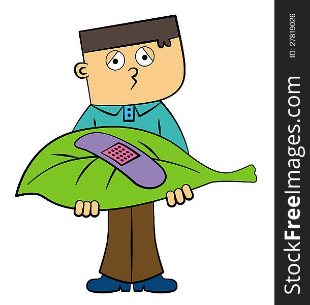 A cartoon man holding a leaf with a band-aid. A cartoon man holding a leaf with a band-aid
