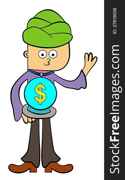 A cartoon fortune teller sees a dollar sign from his magic ball. A cartoon fortune teller sees a dollar sign from his magic ball