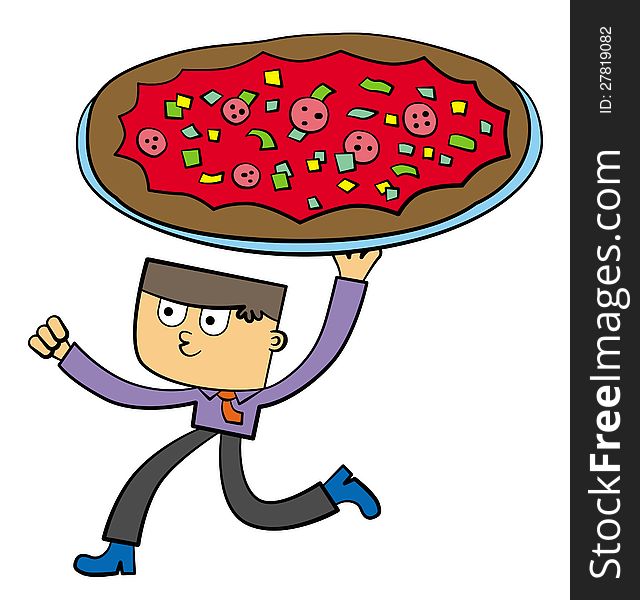 A business man running with a giant pizza. A business man running with a giant pizza