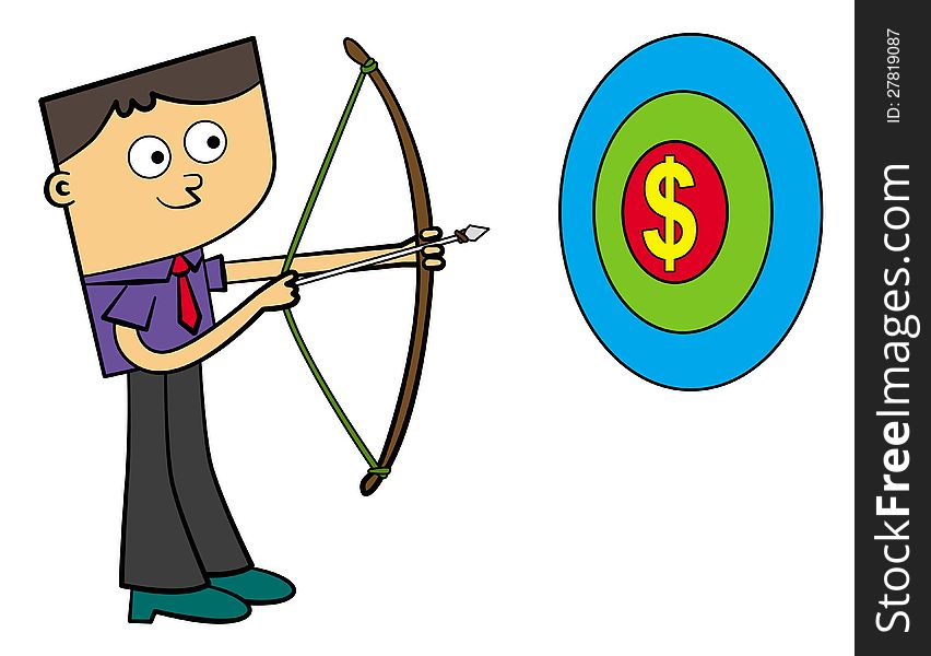 A business man with an arrow targets a dollar sign. A business man with an arrow targets a dollar sign