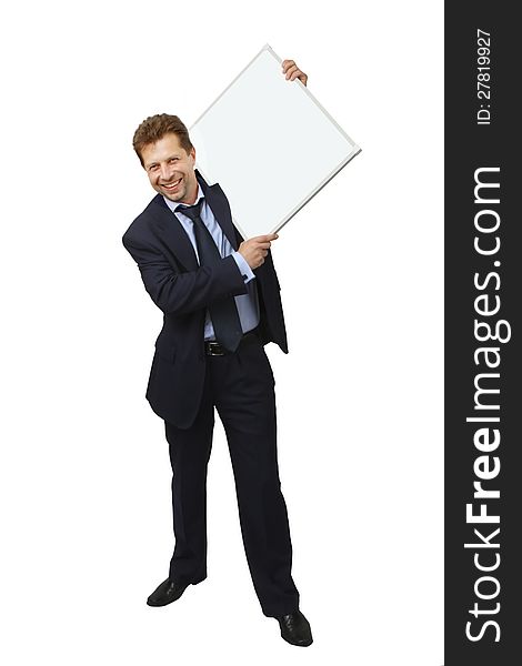 Business man holding banner. Isolated on white background