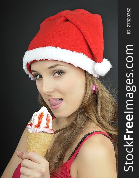 Christmas funny girl with ice cream