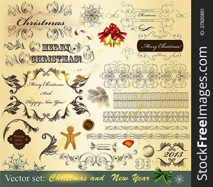 Decorative elements for elegant Christmas design. Calligraphic vector. Decorative elements for elegant Christmas design. Calligraphic vector