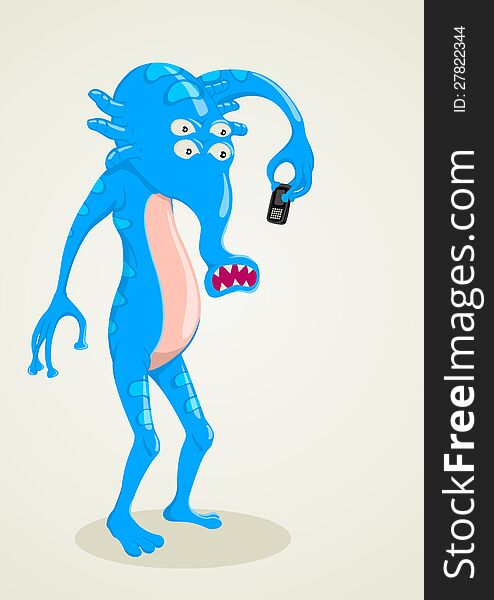 Cartoon illustration of strange creature holding a cellular phone. Cartoon illustration of strange creature holding a cellular phone