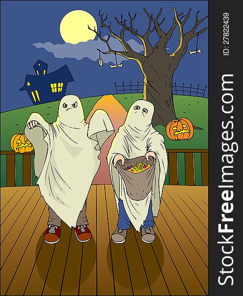 Illustration of children with candy bag at Halloween night. Illustration of children with candy bag at Halloween night