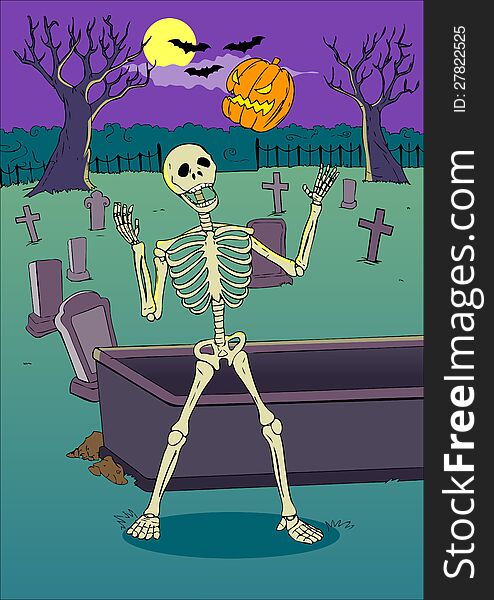 Cartoon illustration of a skeleton playing with pumpkin on graveyard