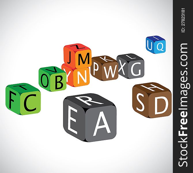Illustration of colorful cubes of alphabets. The cubes are made of english language characters in capital case which are used to teach children