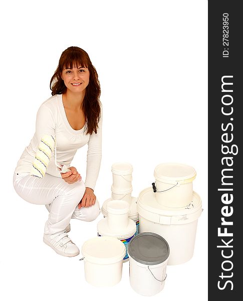 Woman with roller and many plastic container with paint isolated on a white background. Woman with roller and many plastic container with paint isolated on a white background