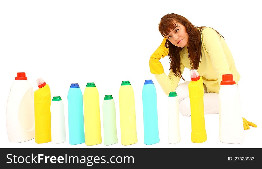 Woman choosing detergent isolated on a white background