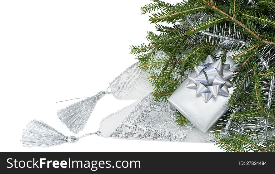 Christmas decoration with gift on the white background. Christmas decoration with gift on the white background