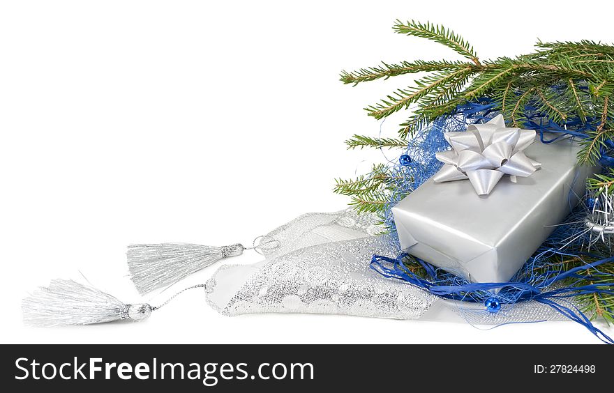 Christmas decoration with gift on the white background. Christmas decoration with gift on the white background