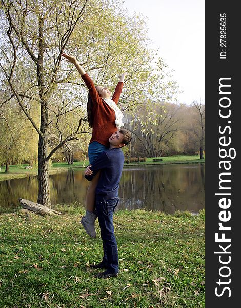 Loving couple on date autumn outdoor. Loving couple on date autumn outdoor.