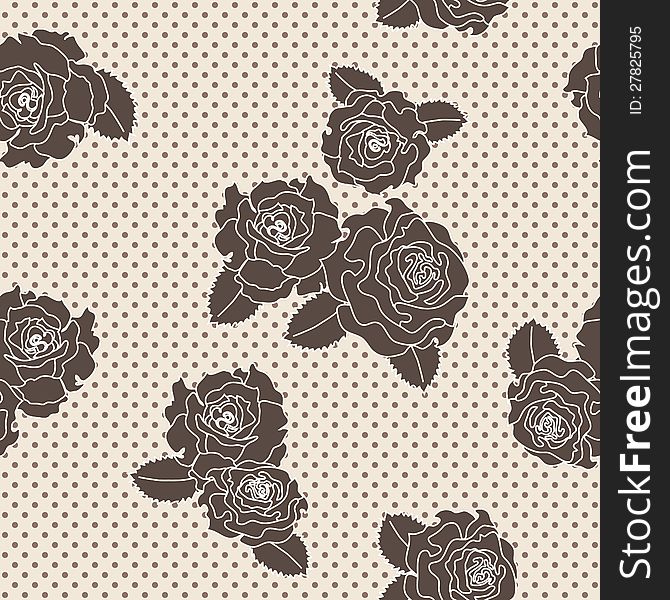 Vector rose seamless pattern on polka dotted background