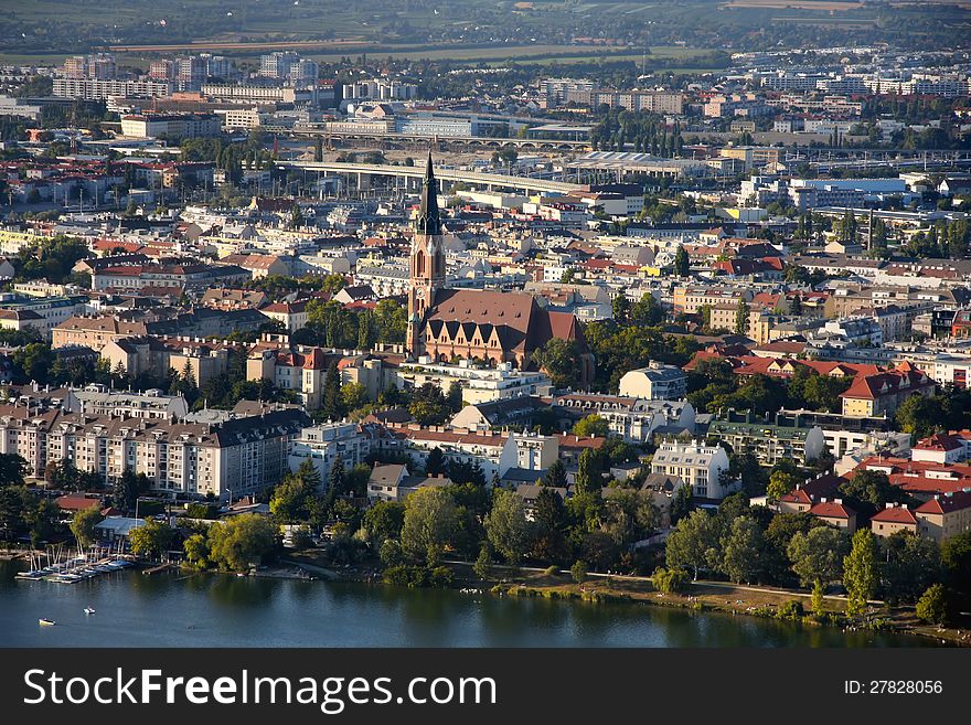 View on Pfarre St. Leopold â€“ Donaufeld, Vienna from Donauturm tower, Austria. View on Pfarre St. Leopold â€“ Donaufeld, Vienna from Donauturm tower, Austria