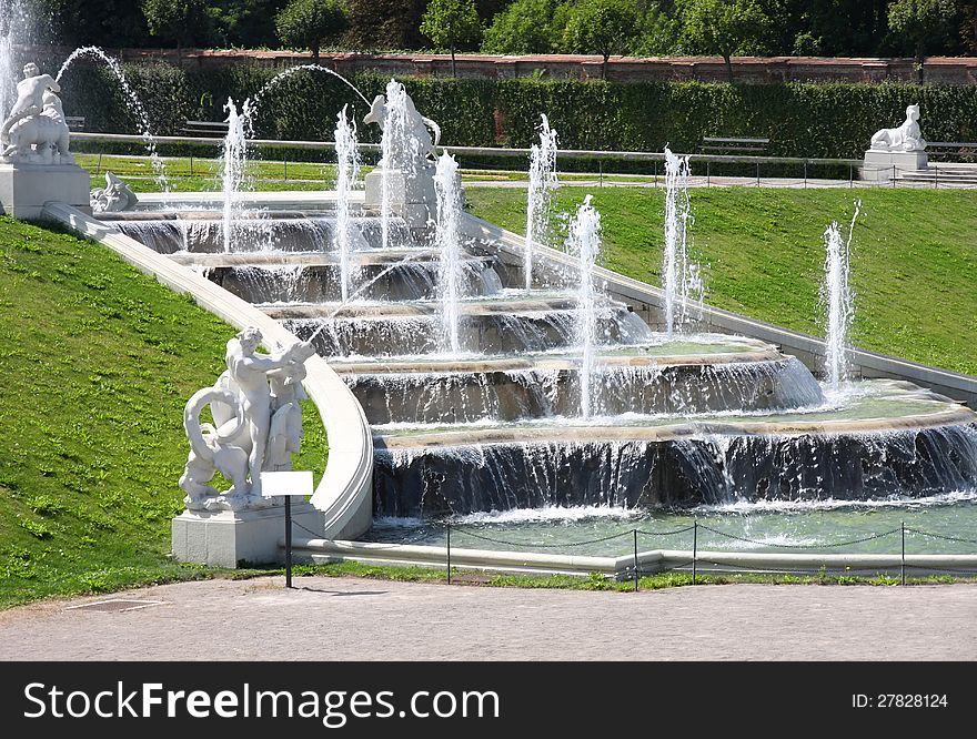 Fountain in park of Baroque castle Belvedere in Vienna, Austria