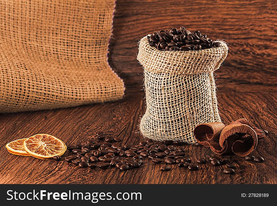 Closeup of coffee beans in burlap bag